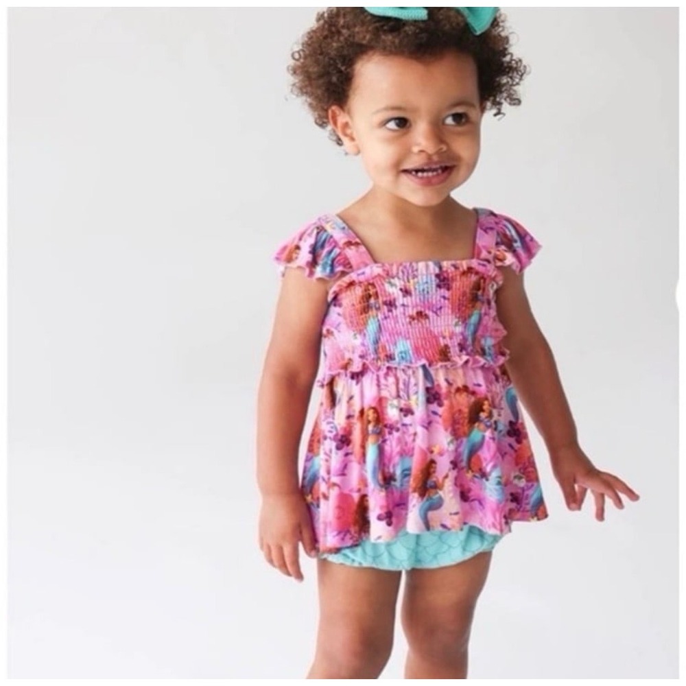 Posh Peanut Disney Ariel Smocked Peplum Set Girl 18-24M Pink‎ Mermaidcore Bamboo